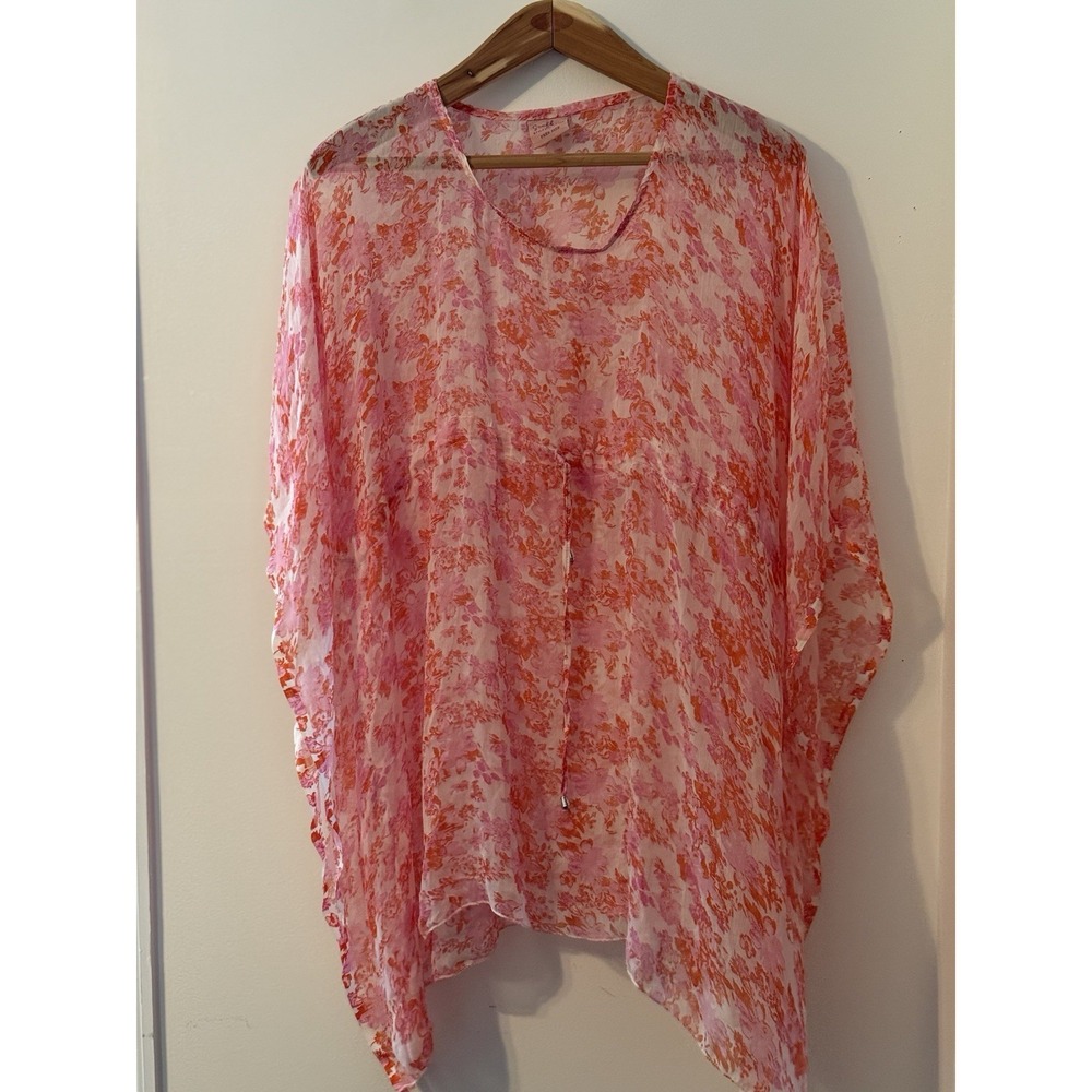Pink Orange Floral Boho Sheer  Overlay‎ Top Cottage Spring Sunflower One Size